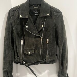Marc New York by Andrew Marc Suede Belted Moto Jacket in charcoal grey.